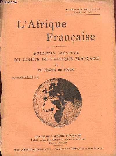 L'Afrique franaise - n8 et 9 + Supplment n8 et 9 - 48e anne - Aout-Septembre 1938