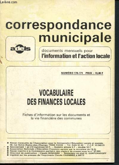 Correspondance municipale n170-171 - Sept-Oct 1976 : Vocabulaire des finances locales : Fiches d'information sur les documents et la vie financire des commune