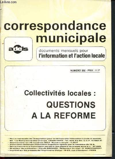 Correspondance municipale n202 - Novembre 1979 : Collectivits locales : Question  la rforme