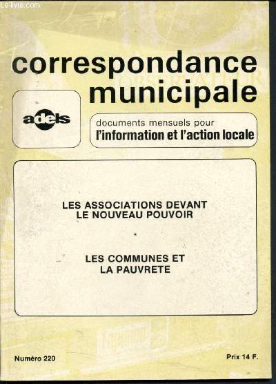 Correspondance municipale n220 - septembre 1981 : Les associations devant le nouveau pouvoir - Les communes et la pauvret