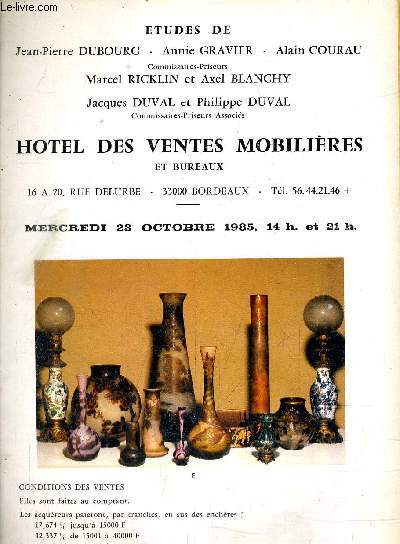 2 FASCICULES DE VENTES AUX ENCHERES - HOTEL DES VENTES MOBILIERES ET BUREAUX - MEUBLES ANCIENS E OBJETS D'ART TABLEAUX ARGENTERIE BIJOUX - MERCREDI 23 OCTOBRE 1985.