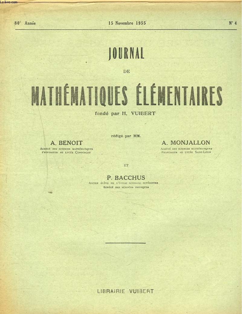 JOURNAL DE MATHEMATIQUES ELEMENTAIRES N4, 15 NOV. 1955. INGENIEURS ADJOINTS DES TRAVAUX METEOROLOGIQUES, CONCOURS JUIN 1953.