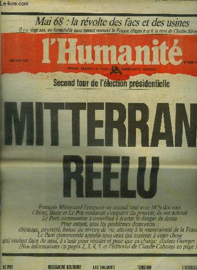 L HUMANITE LUNDI 9 MAI 1988- MAI 68 - LA REVOLTE DES FACS ET DES USINES - SPORT / SOCIETE / LE MONDE / POLITIQUE / ECONOMIE