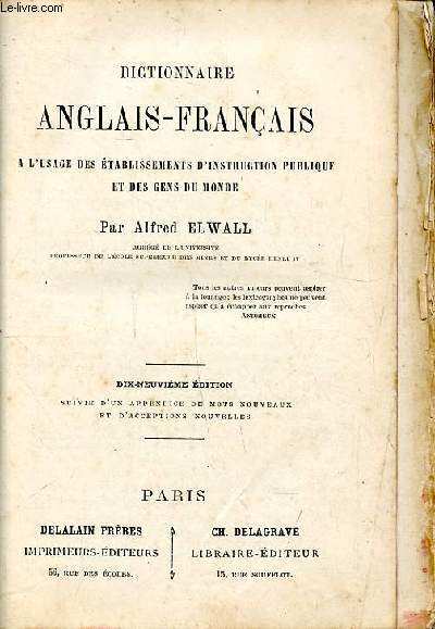 Dictionnaire anglais franais  l'usage des tablissements d'instruction publique et des gens du monde 19 dition