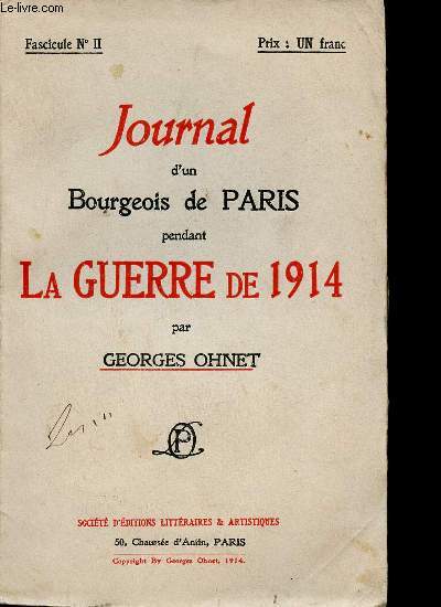 Journal d'un Bourgeois de Paris pendant la Guerre de 1914. Fascicule N II.