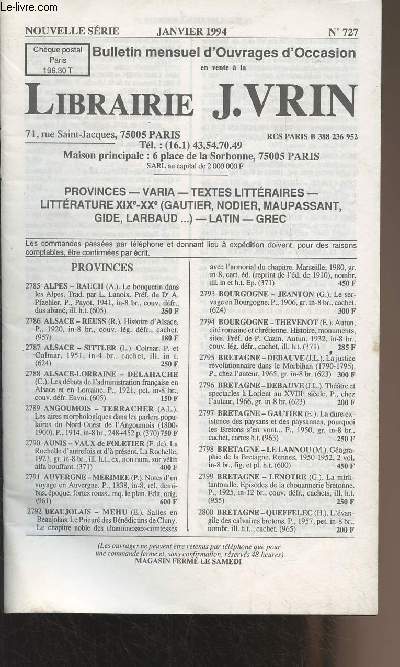Bulletin d'ouvrages d'occasion en vent  la Librairie J. Vrin - Nouvelle srie, Janvier 1994 - n727
