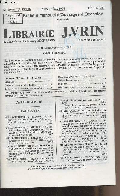 Bulletin d'ouvrages d'occasion en vent  la Librairie J. Vrin - Nouvelle srie, Nov.-Dc. 1996 - n755-756