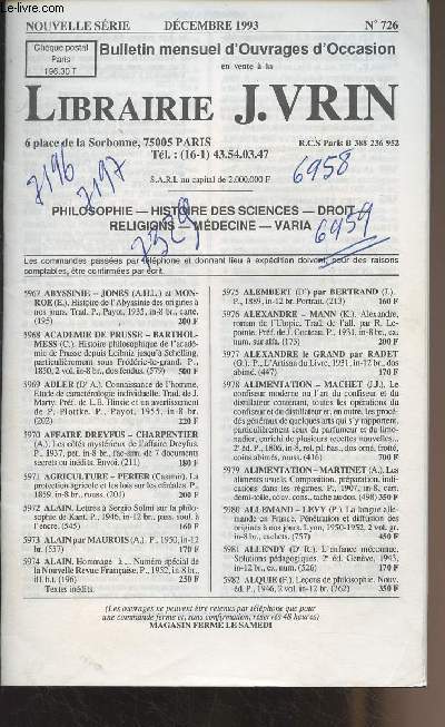 Bulletin d'ouvrages d'occasion en vent  la Librairie J. Vrin - Nouvelle srie, Dc. 1993 - n726