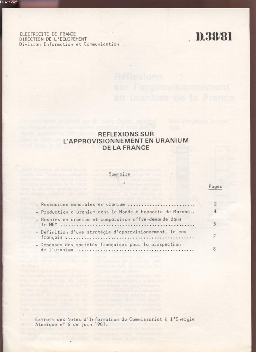 REFLEXIONS SUR L'APPROVISIONNEMENT EN URANIUM DE LA FRANCE - D38/81 - EXTRAITS DES NOTES D'INFORMATION DU COMMISSARIAT A L'ENERGIE ATOMIQUE N6 DE JUIN 1981.