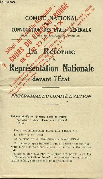 LA REFORME DE LA REPRESENTAION NATIONALE DEVANT L'ETAT - PROGRAMME DU COMITE D'ACTION.