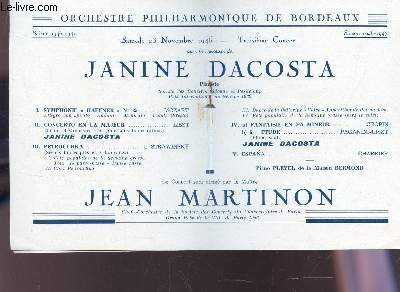 PROGRAMME OFFICIEL - JANINE FACOSTA, Jean Martinon / Symphonie Haffner - Concerto en la majeur - Petrouchka - Espana -