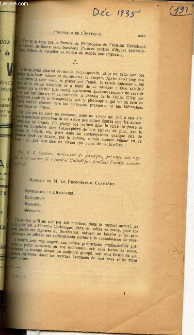 CHRONIQUE / BULLETIN DE LITTERATURE ECCLESIASTIQUE - N.. - Dc 1935 /Rapport de M Le professeur CARRIERE / Allocution de Mgr le Chancelier etc...