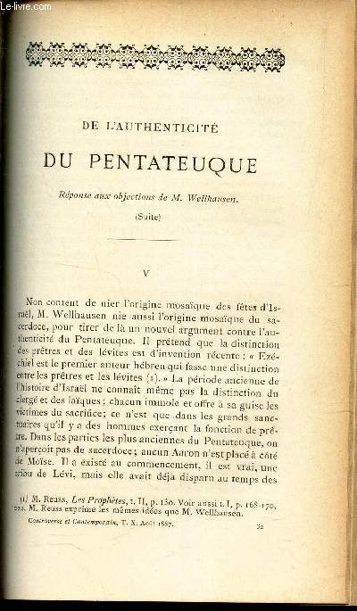 DE L'AUTHNTICITE DU PENTATEUQUE - Rponse aux ojjections de M. Wellhausen (suite) chap V et VI.