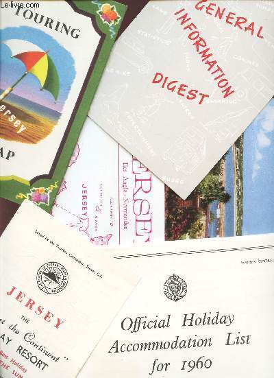 1 LOT DE PLAQUETTES DE JERSEY : Jersey the Mearest the Continent Holiday Resort + touring map + general information digest + Official holidayaccommodation list for 1960 + Jersey Iles anglo-normandes.