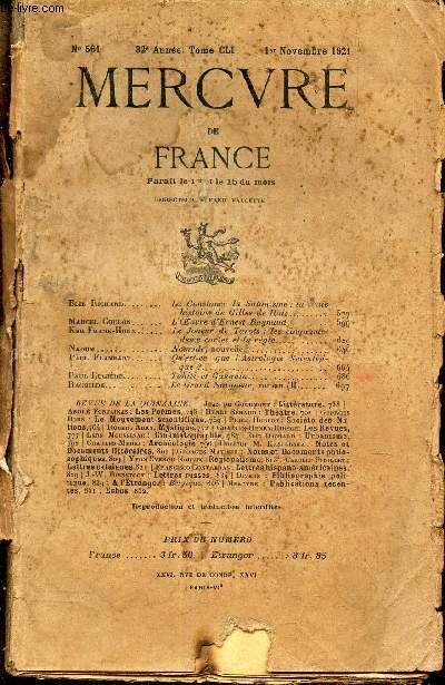 MERCURE DE FRANCE - N561 - 32e anne - TOME CLI - 1er novembre 1921 / LA constance du satanismr: la vraie histoire de G de Ruis / L'oeuvre d'Ernest Raynaud etc..