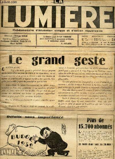 LA LUMIERE - 6e anne / N244 - 9 janv 1932 / LE GRAND GESTE - etc...