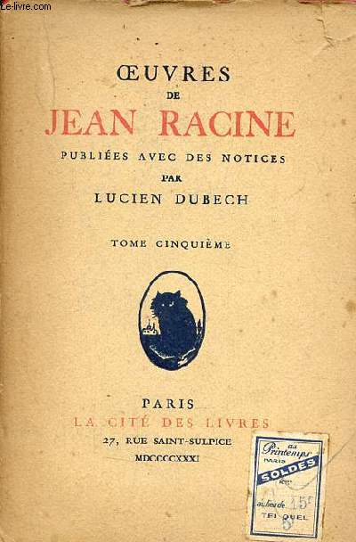 Oeuvres de Jean Racine - Tome cinquime - Collection nouvelle bibliothque classique.