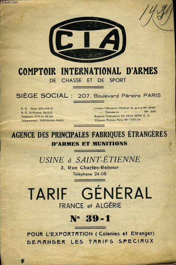 Catalogue d'Armes  Feu. Tarif Gnral, France-Algrie, N39-1.