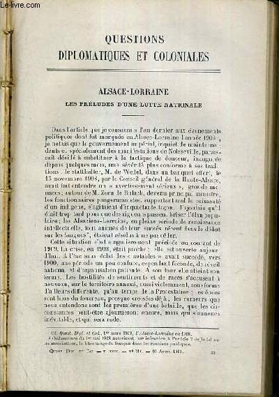 ALSACE-LORRAINE, LES PRELUDES D'UNE LUTTE NATIONALE - QUESTIONS DIPLOMATIQUES ET COLONIALES - TOME XXIX - N316 - 16 AVRIL 1910