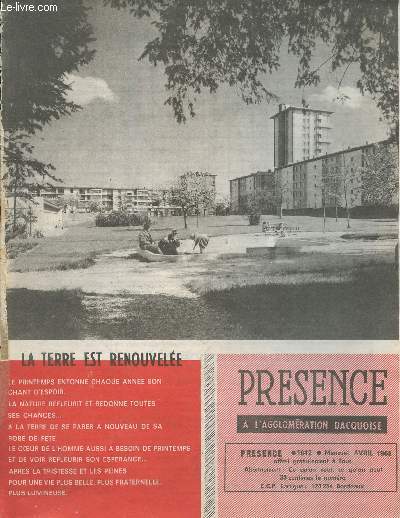 Prsence  l'agglomration Dacquoise 1042 Avril 1968. Sommaire : Dans nos paroisses - Fidle au poste - Sylvie des trois ormes - Jeune du monde ouvrier - etc.