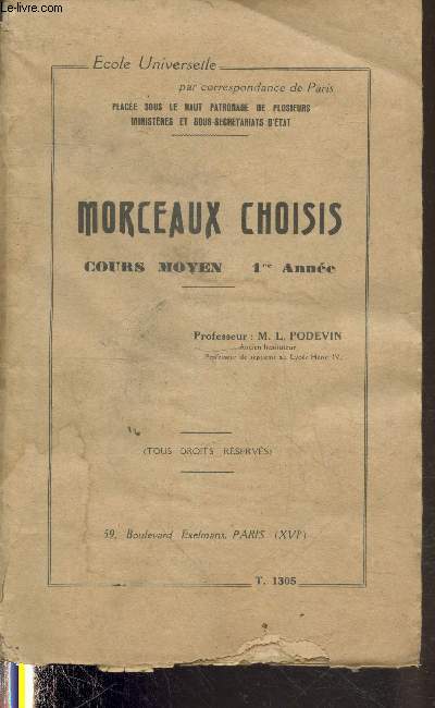 Morceaux Choisis : Cours moyen - 1re anne (Collection 