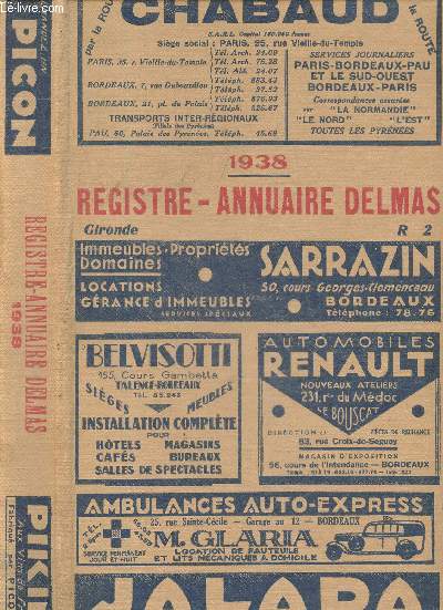 Registre annuaire Delmas 1938 - gironde, agenda annuaire