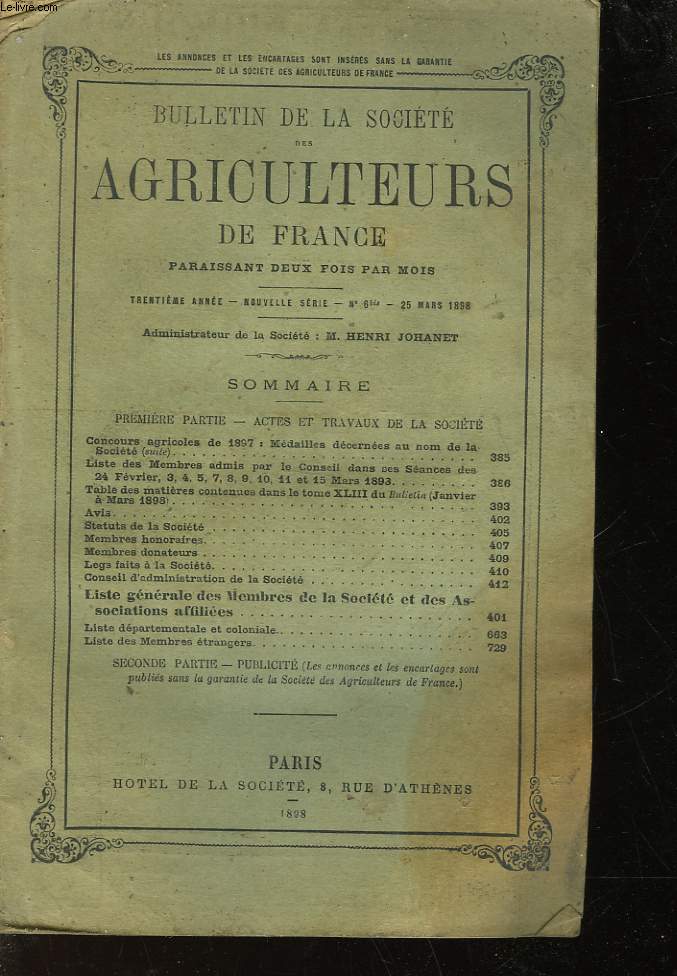 BULLETIN DE LA SOCIETE DES AGRICULTEURS DE FRANCE 33 ANNEE - N6BIS