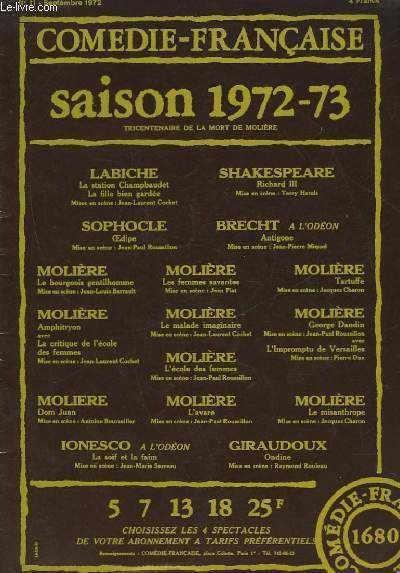 1 PROGRAMME - COMEDIE FRANCAISE - N11 - SAISON 1972 - 73