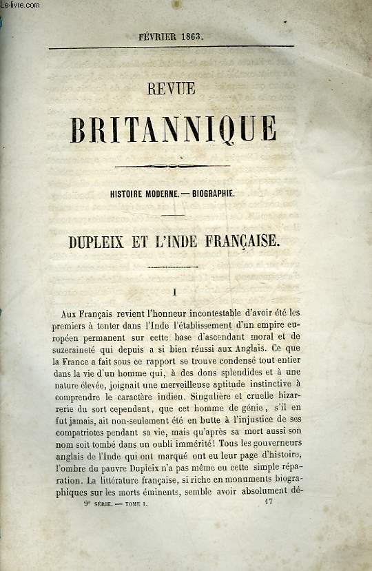 EXTRAIT DE LA REVUE BRITANNIQUE - HISTOIRE MODERNE - BIOGRAPHIE - DUPLEIX ET L'INDE FRANCAISE