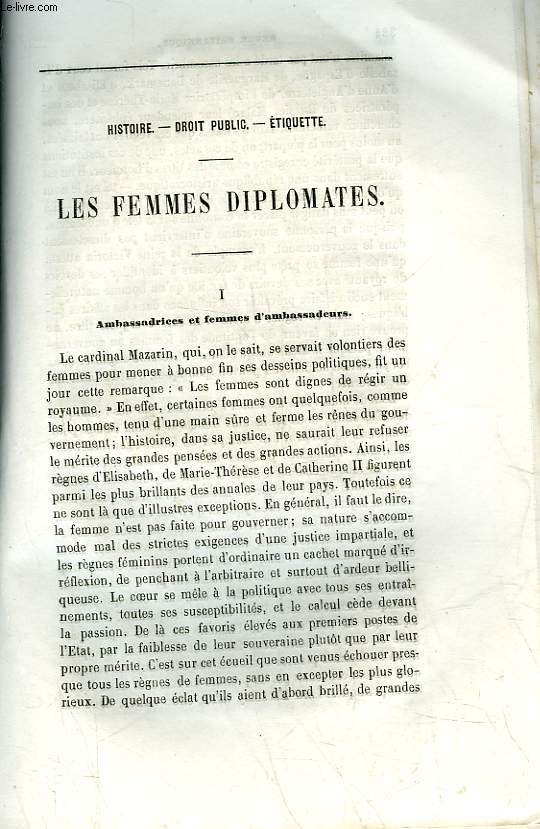 EXTRAIT DE LA REVUE BRITANNIQUE - HISTOIRE - DROIT PUBLIC - ETIQUETTE - LES FEMMES DIPLOMATES