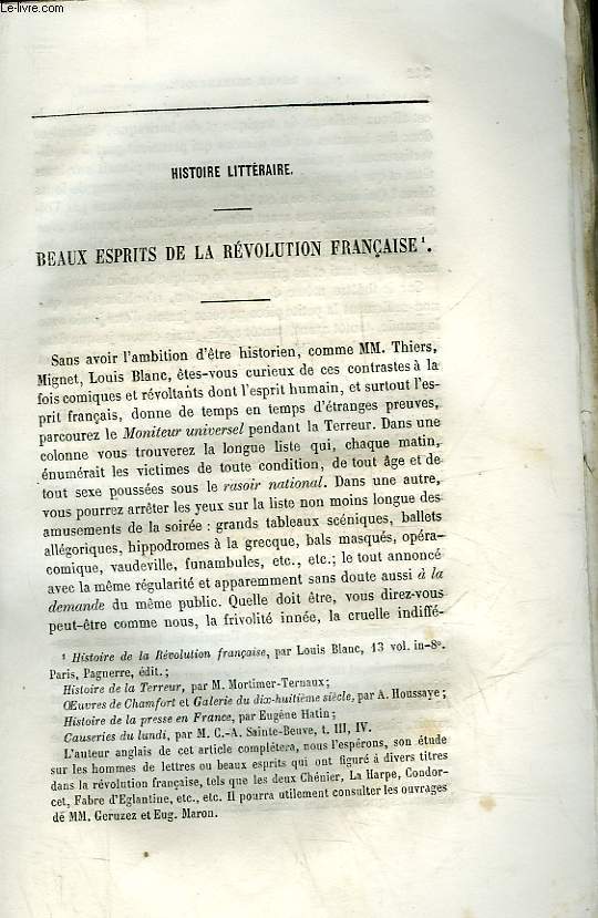 EXTRAIT DE LA REVUE BRITANNIQUE - HISTOIRE LITTERAIRE - BEAUX ESPRITS DE LA REVOLUTION FRANCAISE - DOCUMENTS HISTORIQUES