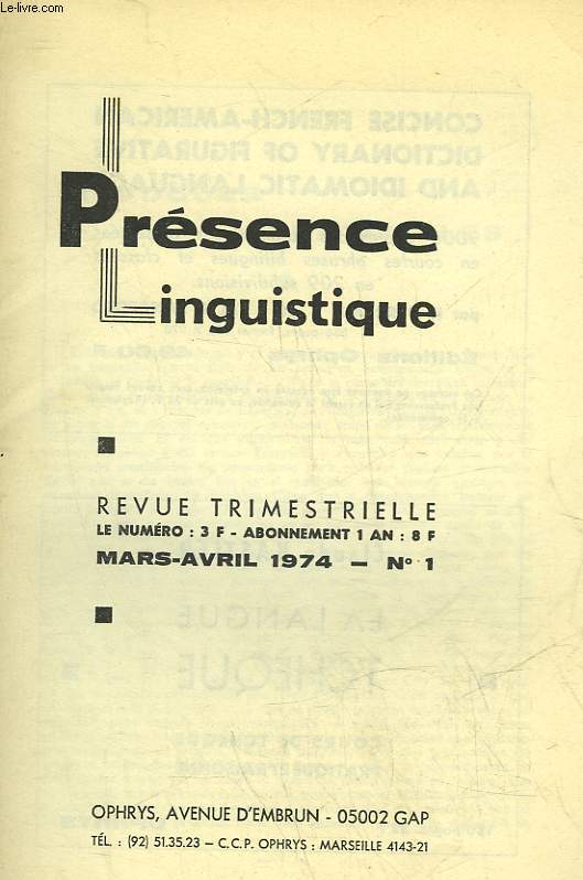 PRESENCE LINGUISTIQUE - REVUE TRIMESTRIELLE N1