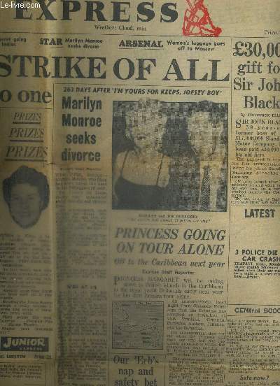 DAILY EXPRESS - N16,934 - 5 octobre 1954 / Marilyn Monroe seeks divorce (une photo de Marilyn et Joe Dimaggio) / should the american forces stay here? / princess going on tour alone...