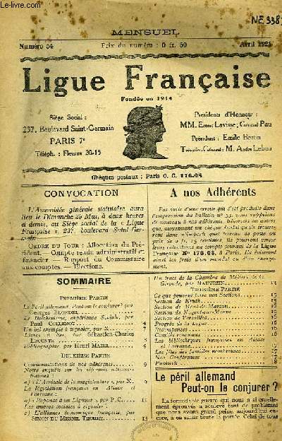 LIGUE FRANCAISE, N 54, AVRIL 1921
