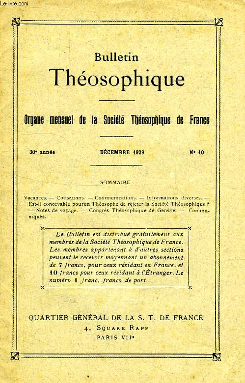 BULLETIN THEOSOPHIQUE, 30e ANNEE, N 10, DEC. 1929