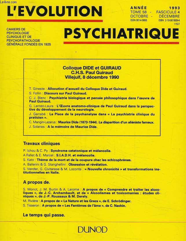 L'EVOLUTION PSYCHIATRIQUE, TOME 58, FASC. 4, OCT.-DEC. 1993