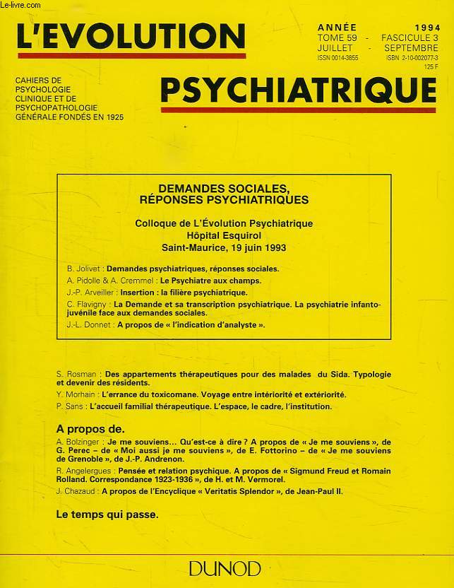 L'EVOLUTION PSYCHIATRIQUE, TOME 59, FASC. 3, JUILLET-SEPT. 1994
