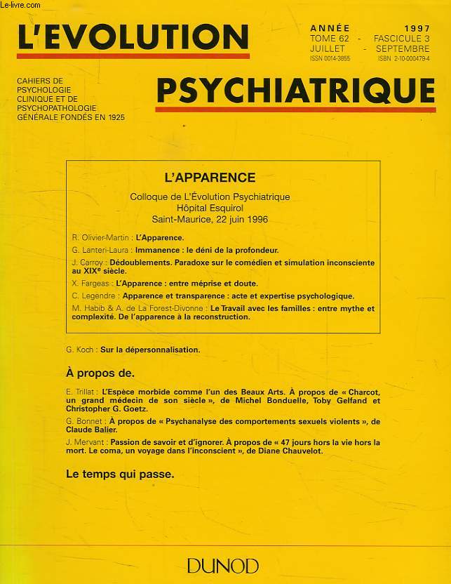 L'EVOLUTION PSYCHIATRIQUE, TOME 62, FASC. 3, JUILLET-SEPT. 1997