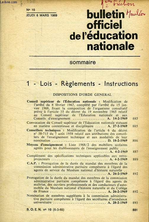 BULLETIN OFFICIEL DE L'EDUCATION NATIONALE, N 10, MARS 1969