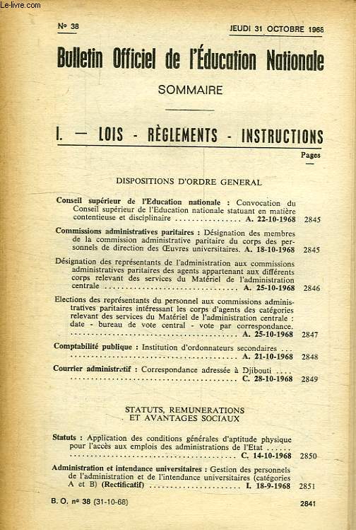 BULLETIN OFFICIEL DE L'EDUCATION NATIONALE, N 38, OCT. 1968
