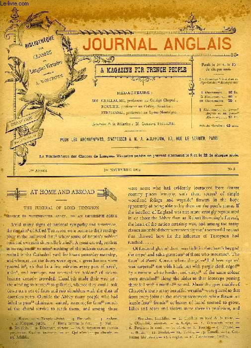 JOURNAL ANGLAIS, A MAGAZINE FOR FRENCH PEOPLE, 1re ANNEE, N 8, 1er NOV. 1892