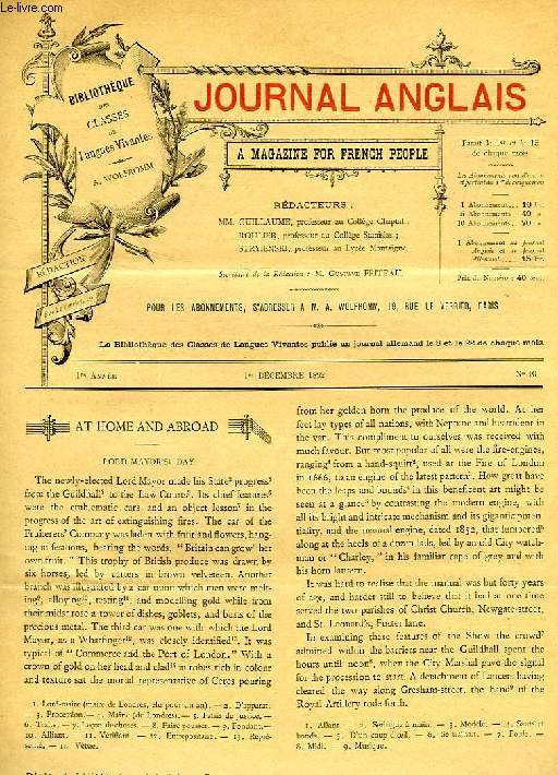 JOURNAL ANGLAIS, A MAGAZINE FOR FRENCH PEOPLE, 1re ANNEE, N 10, 1er DEC. 1892