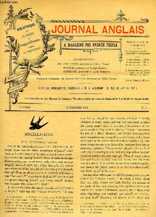 JOURNAL ANGLAIS, A MAGAZINE FOR FRENCH PEOPLE, 1re ANNEE, N 11, 15 DEC. 1892