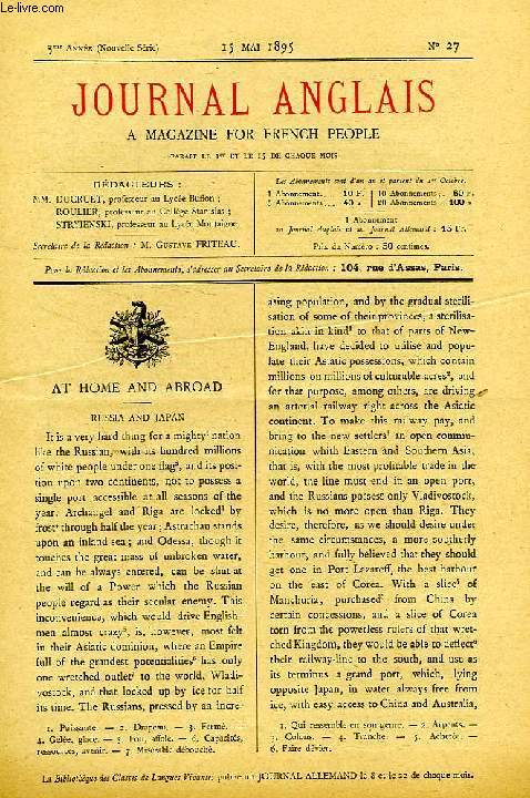 JOURNAL ANGLAIS, A MAGAZINE FOR FRENCH PEOPLE, 3e ANNEE, N 27, 15 MAI 1895
