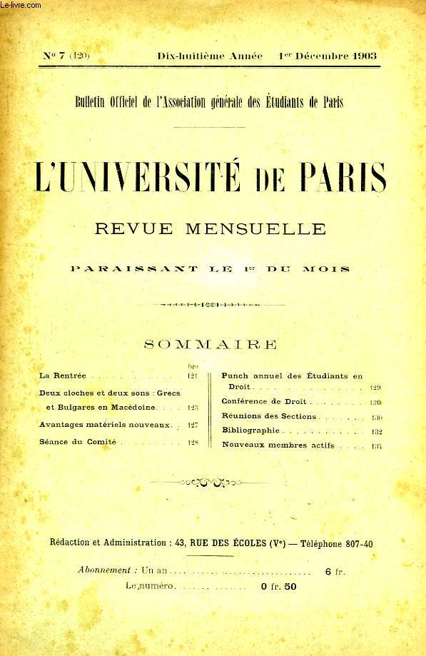 L'UNIVERSITE DE PARIS, 18e ANNEE, N 120, DEC. 1903