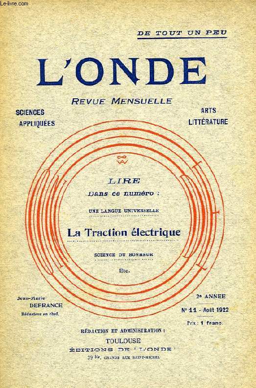 L'ONDE, 2e ANNEE, N 11, AOUT 1922, LA TRACTION ELECTRIQUE