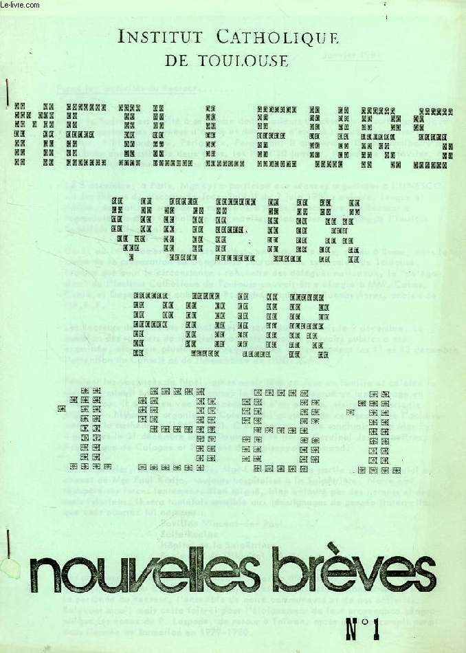INSTITUT CATHOLIQUE DE TOULOUSE, NOUVELLES BREVES, N 1, 1981