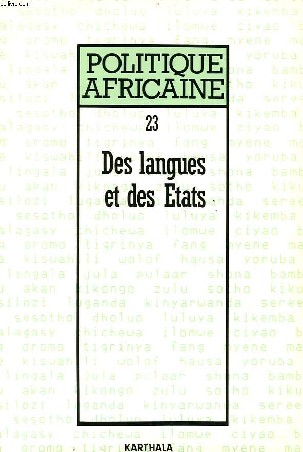 POLITIQUE AFRICAINE, N 23, SEPT. 1986, DES LANGUES ET DES ETATS
