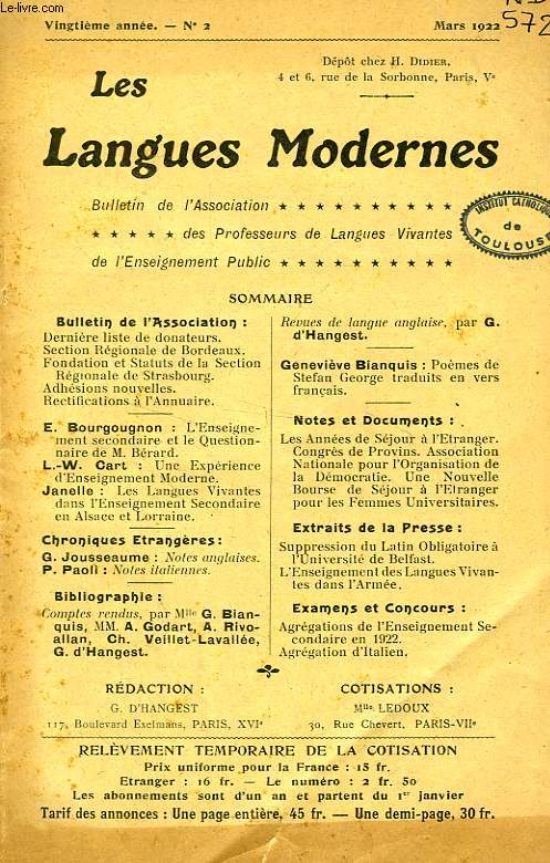 LES LANGUES MODERNES, 20e ANNEE, N 2, MARS 1922