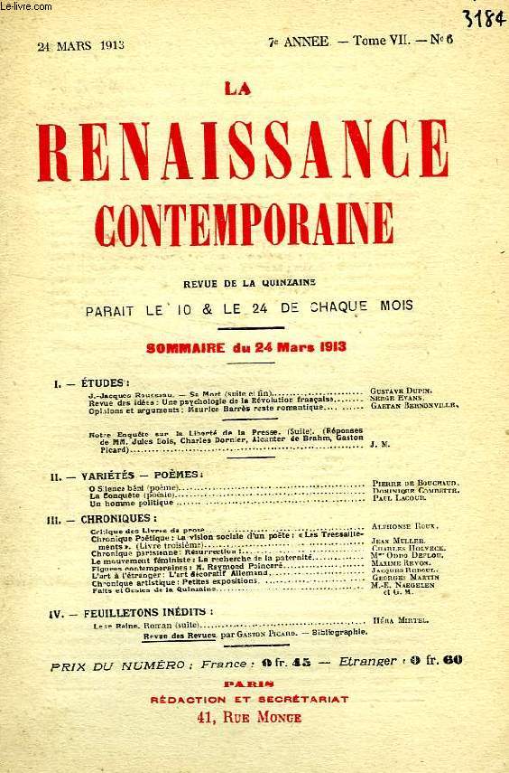 LA RENAISSANCE CONTEMPORAINE, 7e ANNEE, N 6, MARS 1913